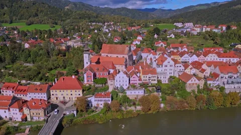 Drone view of beautiful historic town and river structure in Frohnleiten Austria Video stock 342492348
