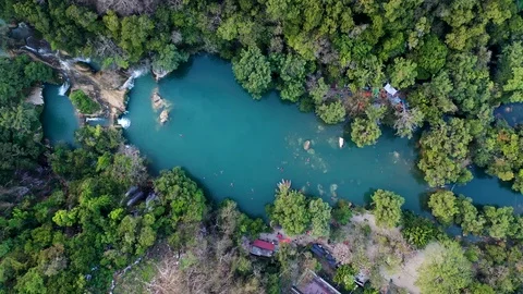 Drone view of beautiful lake surrounded by trees Amazing aerial landscape and Stock Footage 118621986