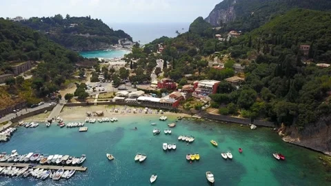 Drone view of beautiful touristic harbor and beaches Paleokastritsa Corfu Stock Footage 134375855