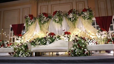 Drone View of Beautiful Wedding Stage with Floral Decorations Stock Footage 345229326