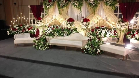 Drone View of Beautiful Wedding Stage with Floral Decorations Stock Footage 345271753