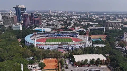 Drone view of Bengaluru landmarks M Chinnaswamy Stadium UB City and Kanteer.. Video stock 330274565