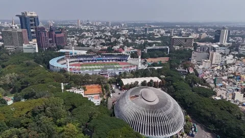 Drone view of Bengaluru landmarks M Chinnaswamy Stadium UB City and Kanteer.. Video stock 330274570