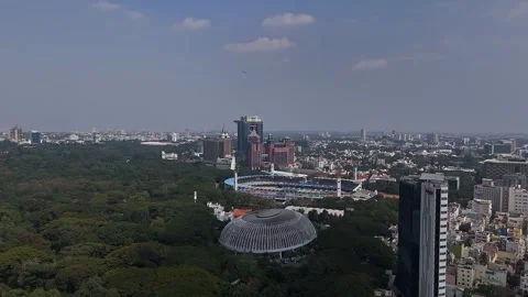 Drone view of Bengaluru landmarks M Chinnaswamy Stadium UB City and Kanteer.. Video stock 330274615
