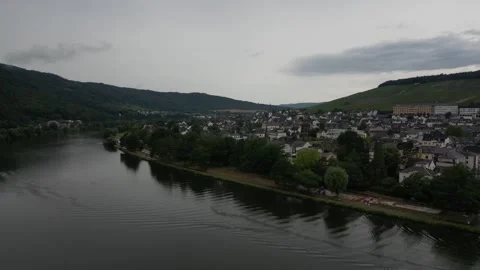 Drone view of Bernkastel-Kues riverside and historic buildings Stock Footage 335411401