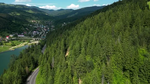 Drone view of Bicaz Lake with a serpentine road winding through pine forests. Stock Footage 312809174