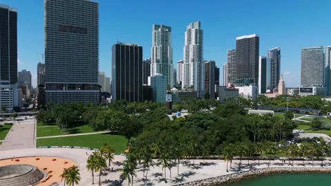 Drone view of Biscayne Boulevard, Bayfront park and busy downtown in heart of Stock Footage 255976049