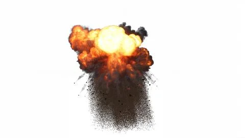 Drone view of blast rises upward with bright orange and yellow flames on white 库存插图