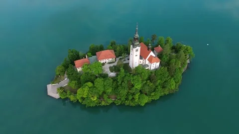 Drone View of Bled Island and Church, Lake Bled, Slovenia Stock Footage 340622162