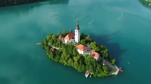 Drone View of Bled Island on Lake Bled, Slovenia Stock Footage 340620833