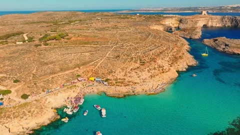 Drone view of Blue lagoon on Comino island. Mediterranean sea, Maltese island Stock Footage 274807157