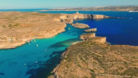 Drone view of Blue lagoon, Comino island. Mediterranean sea, Maltese island Stock Footage 274807158