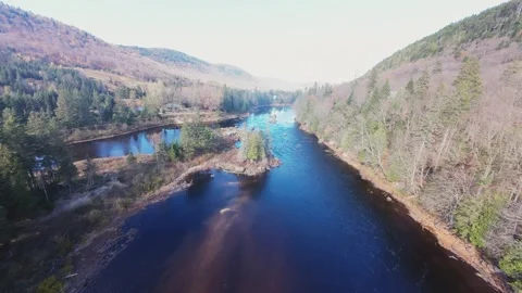 Drone view of blue river winding through forest landscape in Quebec, 4K Stock Footage 318989675