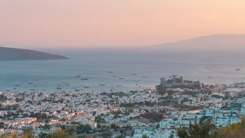 Drone view of Bodrum ancient Castle of St. Peter, harbor full of yachts and city Stock Footage 165753686