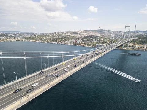 Drone View of Bosphorus Bridge Deck with Ships and Camlica Фото