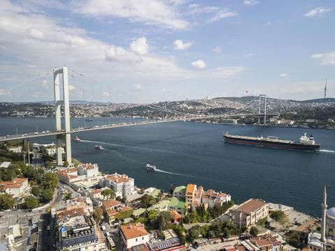 Drone View of Bosphorus Bridge Ship Camlica Mosque and Tower Stock Photos
