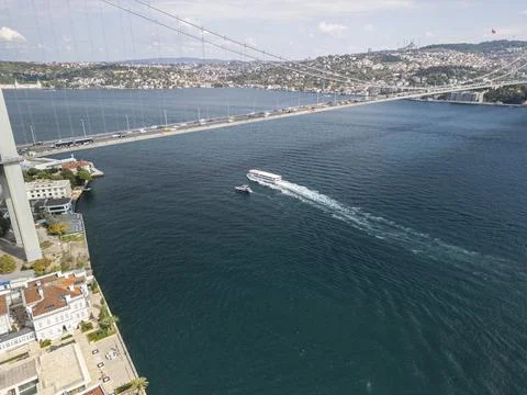 Drone View of Bosphorus Bridge Ship and Camlica Mosque Stock Photos