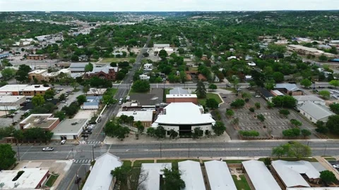 Drone View of Brick Church and Green Kerrville Streets Stock Footage 345145134