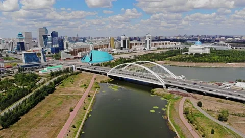 Drone view of the bridge in Astana.Incredible view of the capital of Kazakhstan Stock Footage 201735045
