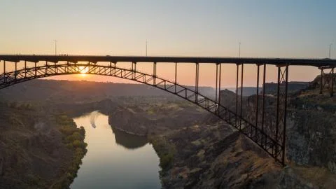Drone view of a bridge at dusk Stock Photos