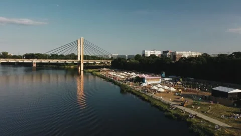 Drone view at the bridge on Odra river in Wroclaw, Poland. Stockbeeldmateriaal 246827301