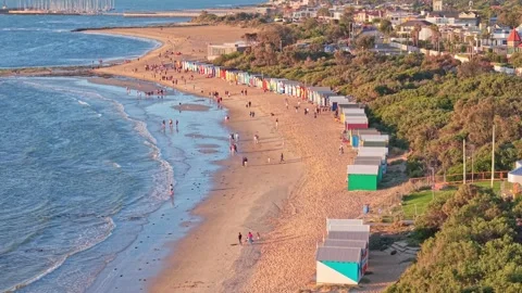 Drone View of Brighton Beach and Melbourne Skyline Stock Footage 329166488