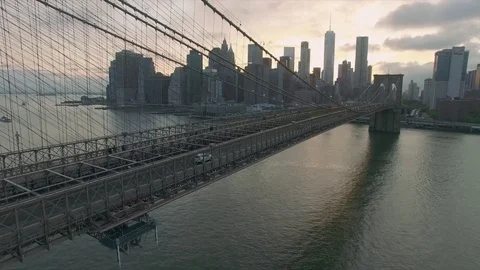Drone view of Brooklyn bridge and Manhattan skylines Stock Footage