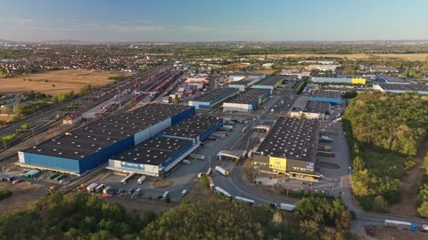 Drone view of Budapest logistics hub with rail tracks and container yard Stock Footage 346152578