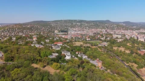 Drone view of Budapest rooftops, Danube and Buda Hills in summer skies Stock Footage 345675811