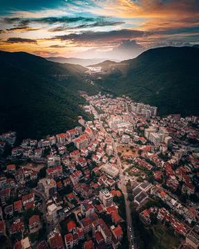Drone view of Budva during sunset after the storm Stock Photos
