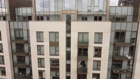 Drone view of the building facades of the 7 Lillie Square residential complex. Stock Footage 201875454