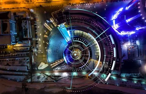 Drone view of the building in the form of a HUD interface, futuristic urban Stock Photos