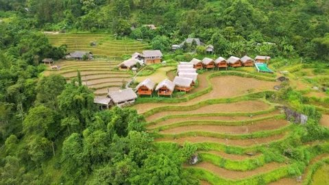 Drone View of Bungalows and Rice Terraces in Hoang Su Phi Vietnam Stock Footage 344740880