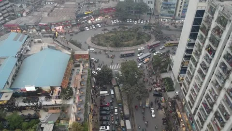Drone View of Bus Traffic at Roundabout on Zoo Road in Mirpur, Dhaka Video stock 327619430
