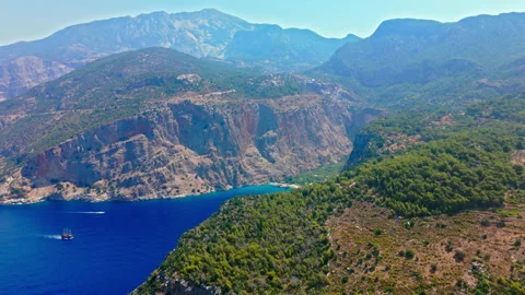 Drone view of Butterfly Valley, Turkey mountain coast. Stock Footage 335154408