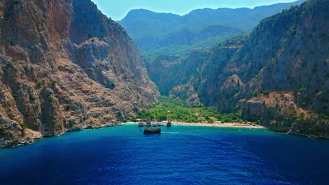 Drone view of Butterfly Valley, Turkey bay entrance. Stock Footage 335154515