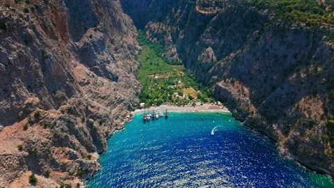 Drone view of Butterfly Valley, Turkey between cliffs. Stock Footage 335154779