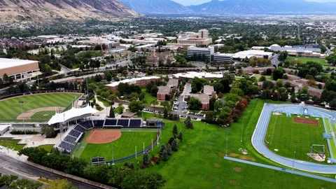 Drone View of BYU Campus, LaVell Edwards Stadium, and Sports Facilities in Stock Footage 345967011