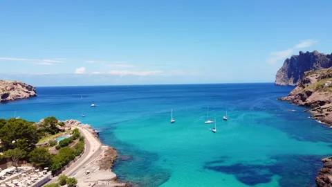 Drone View of Cala Molins and Yachts in Mallorca Stock Footage 280096811