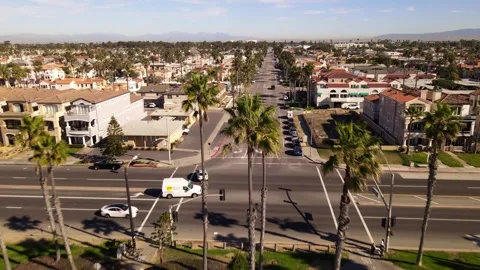 Drone view of California beach town during a summer morning. Stock Footage 166330805