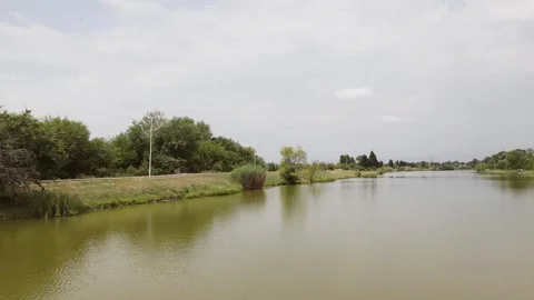 Drone view of calm Rustavi lake with green trees and cyclist riding along r.. Vidéo 312443444