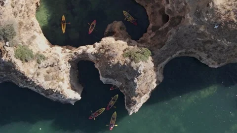 Drone View of Calm Sea with Kayaking Adventure Lagos, Algarve Portugal Video stock 329226433