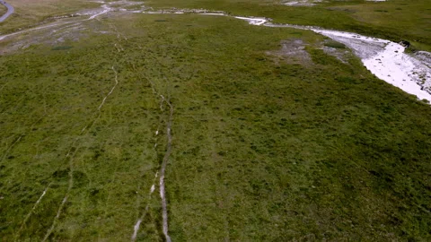 Drone view of campo imperatore with some sheeps and a river abruzzo italy Video stock 264001820