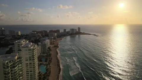 Drone view of Cancun during sunrise. Stockbeeldmateriaal 208508530