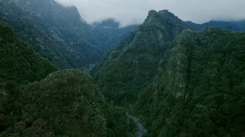 Drone view of canyon in mountains in cloudy day on Madeira Stock Footage 300870508