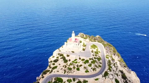Drone View of Cap Formentor Lighthouse in Mallorca Stock Footage 280098678