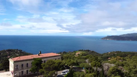 Drone view of Capoliveri town on Elba Island coastline Stock Footage 322993726