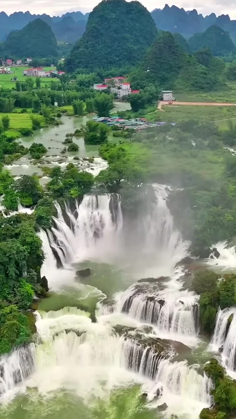 Drone view captures Detain Waterfall in Guangxi, China from above Stock Footage 335074830