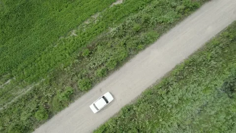 Drone view of a car driving on a rural road. country road through an empty field Stock Footage 167762894