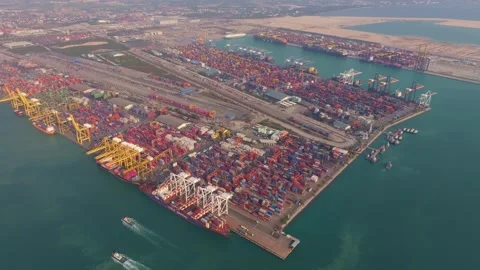 Drone view of cargo port with containers for export, Thailand Stock Footage 303499017
